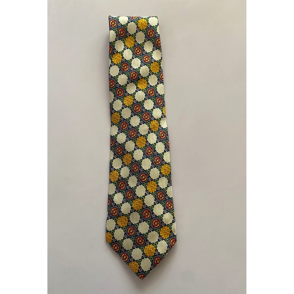 Shenshi Mens 100% Silk Tie Yellow Blue Red Geometric Medallion Woven Pattern